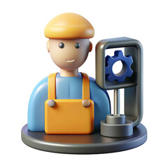 Aufkleber - Friendly 3d cartoon mechanic character wearing blue overalls and orange cap with a blue gear symbol representing industry and repair isolated on white background