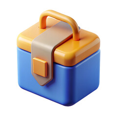 Aufkleber - A stylized 3d illustration of a blue and orange toolbox with a tan strap and handle isolated on white background