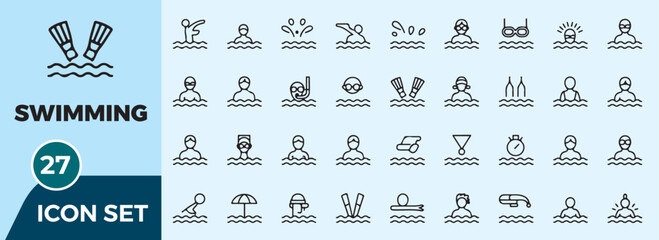 Fototapete - Swimming pool water sports activities outline icons set vector illustration for mobile app website UI design