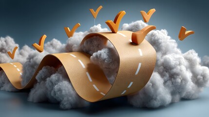 Poster - An abstract and surreal image depicting a flowing golden ribbon curling and swirling amidst soft wispy clouds against a dramatic sky backdrop