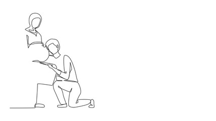 Poster - Animated self drawing of single one line drawing husband kneel down and listening to his Arabian pregnant wife belly, expecting new born baby. Man hugs pregnant woman. Full length animation