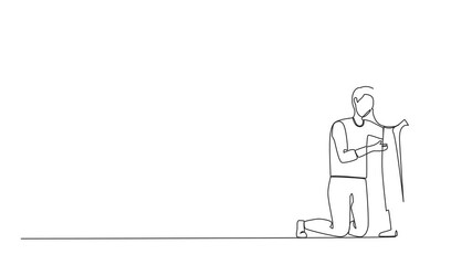 Poster - Animated self drawing of single continuous line drawing man or husband kneel down and listening to his Arabic pregnant wife belly, expecting new born baby. Future parents. Full length animation
