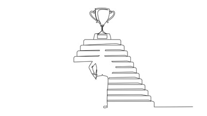 Poster - Self drawing animation of single continuous line drawing businessman standing in front of staircase with trophy cup on the top. Path to success, goal, business vision. Full length animated