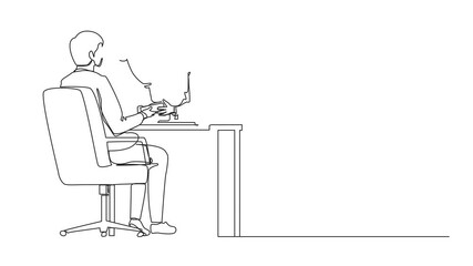 Poster - Self drawing animation of a single one line drawing handsome businessman holds out a golden cup from a monitor to a happy office worker. Award in the online contest. Full length animated