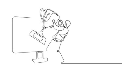 Poster - Animated self drawing of single continuous line drawing businessman pulls out trophy cup from computer screen. Working on award winning project, freelance job, online work. Full length animation