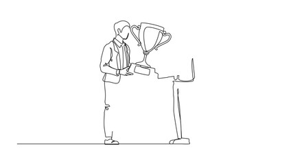 Poster - Animation of continuous one line drawing businessman winner getting first prize. Male giving golden cup to businessman. Winning, leadership, achievement concept. Full length motion