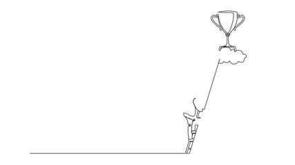 Poster - Self drawing animation of single continuous line drawing businessman climb to trophy over clouds. Businessman climbing ladder to success. Motivation concept to be successful. Full length animated