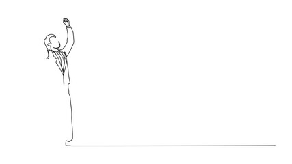 Poster - Self drawing animation of single one line drawing young businessman standing and raising hands or arms. Successful guy. Career goal. Victory sign or symbol. Winner pose. Full length animated