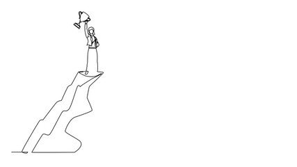 Poster - Self drawing animation of single one line drawing success on top. Businesswoman on top of mountain holding trophy in raised hands. Winner, happiness, reaching goal concept. Full length animated