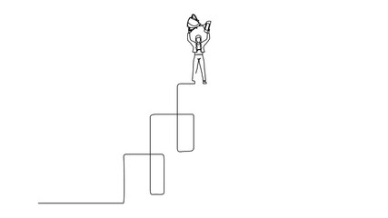 Poster - Animated self drawing of continuous one line drawing young businesswoman standing on big graphic bar and lifting trophy. Winner pose. Success, goal, achievement and concept. Full length animation
