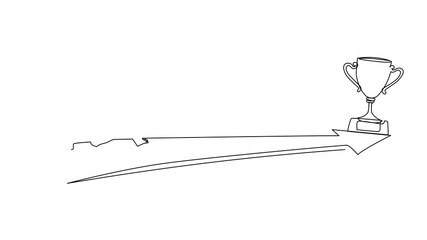 Poster - Animation of continuous one line drawing side view businesswoman ready to run to trophy at end of route. Concept of vision mission and goal of business. Female run to their goal. Full length motion