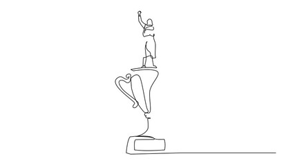 Poster - Animated self drawing of single one line drawing back view businesswoman stand above trophy. Business metaphor of success and appreciation. Female celebrating her business award. Full length animation