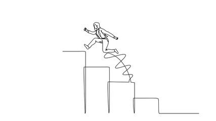 Poster - Animation of continuous one line drawing businesswoman jumping to success. Step to successful. Achieve trophy cup. Female run and go to their goal on stairs, way to achieve goal. Full length motion