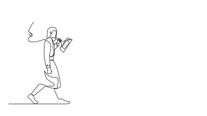 Poster - Self drawing animation of single one line drawing businesswoman carry big trophy cup for winner as symbol of victory. Business concept of success and competition. Full length animated