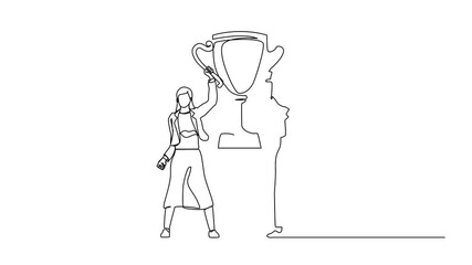 Poster - Animation of continuous one line drawing two women holding golden goblet together. Winners celebrating victory. Businesswoman with prize, trophy cup. Celebration business team. Full length motion