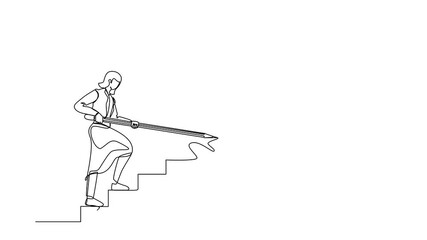 Poster - Self drawing animation of single continuous line drawing businesswoman use huge pencil to draw rising up stairs, walk climbing up ladder, and try to reach trophy cup. Business. Full length animated