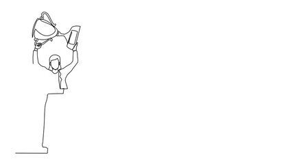Poster - Animated self drawing of single continuous line drawing businesswoman standing and lifting trophy. Career goal icon. Victory sign or symbol. Winner pose. Success, goal. Full length animation