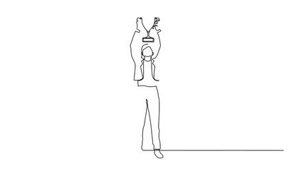 Poster - Animation of continuous one line drawing happy businesswoman standing and lifting trophy. Career goal icon. Victory sign or symbol. Winner pose. Success, goal, achievement concept. Full length motion