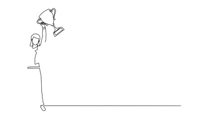 Poster - Animated self drawing of continuous one line drawing businesswoman with trophy standing with arms lifted in the air. Woman celebrating her business award. Winner, reaching goals. Full length animation