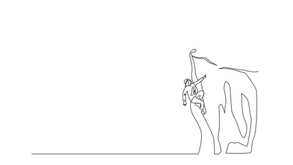 Poster - Self drawing animation of single one line drawing climber hanging on rope and pulling himself on top of rocky mountain wall to reach trophy. Arabian businessman climbing on cliff. Full length animated