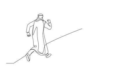 Poster - Animation of single continuous line drawing Arabian businessman running on forward arrow to get trophy. People ready to start career and business. Manager running towards goal. Full length motion
