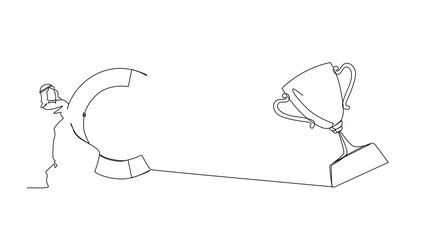 Poster - Animation of single continuous line drawing Arabian businessman attracting big trophy with huge magnet. Victory sign. Success, achievement, business goals concept. Full length motion