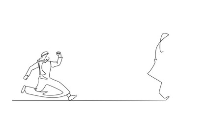 Poster - Self drawing animation of single one line drawing Arab businessman trying to catch trophy. Man running and chasing after run away winner cup. Business challenge metaphor. Full length animated