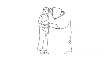 Poster - Animation of single continuous line drawing Arabian businessman winner getting first prize. Male giving golden cup to businessman. Winning, leadership, achievement concept. Full length motion