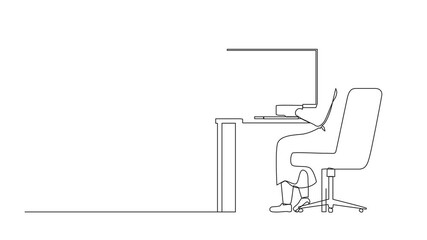 Poster - Self drawing animation of single continuous line drawing back view Arabian businessman works on computer. Man sitting on chair behind office desk. Person working on monitor. Full length animated