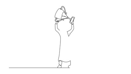 Poster - Animated self drawing of single one line drawing Arabic businessman standing and lifting trophy. Career goal icon. Victory sign or symbol. Winner pose. Success, achievement. Full length animation