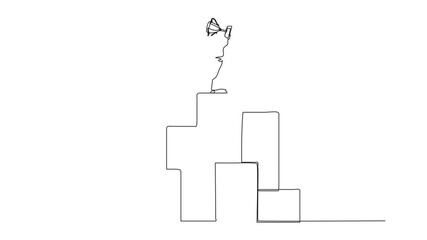 Poster - Self drawing animation of single continuous line drawing Arab businesswoman standing on big graphic bar and lifting trophy. Winner pose. Success, goal, achievement and concept. Full length animated