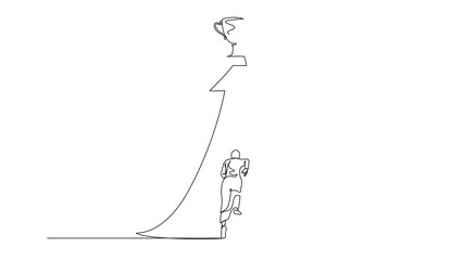 Poster - Animation of continuous one line drawing reach for trophy. Arabian businesswoman runs to target. Female working for goal, success, development, ability, victory, motivation. Full length motion