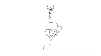 Poster - Animated self drawing of single one line drawing back view Arabian businesswoman stand above trophy. Business metaphor of success and appreciation. Celebrating business award. Full length animation