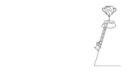 Poster - Animation of single continuous line drawing Arab businesswoman climb to trophy over clouds. Female climbing ladder to success. Motivation concept to be successful. Full length motion