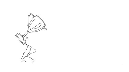 Poster - Self drawing animation of continuous one line drawing heavy burden of victory business concept. Tired and disappointed Arabic businesswoman is carrying huge golden trophy on back. Full length animated