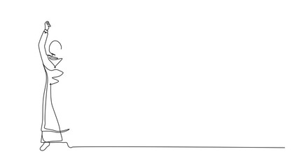 Poster - Animated self drawing of single one line drawing happy Arabian businesswoman standing and lifting trophy. Career goal icon. Victory sign or symbol. Winner pose. Success, goal. Full length animation