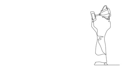 Poster - Animation of single continuous line drawing Arabian businesswoman standing and lifting trophy. Career goal icon. Victory sign or symbol. Winner pose. Success, goal, achievement. Full length motion
