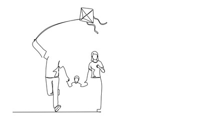 Poster - Animation of single continuous line drawing family weekend with parents and child walking in the park. Family running, rest at nature on vacation. Dad, mom, and boy launches kite. Full length motion