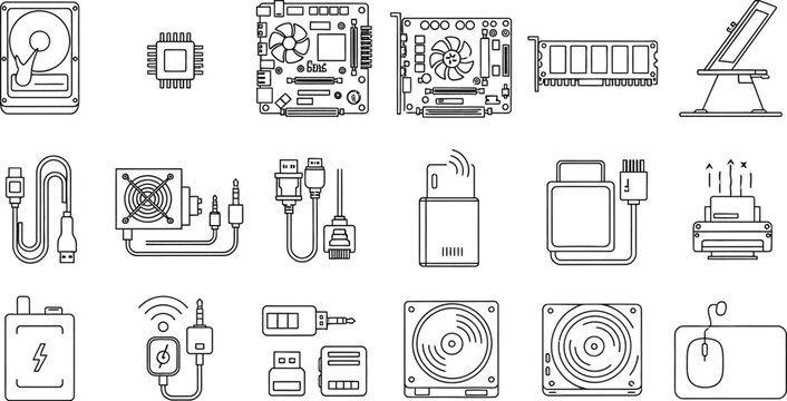 Vector icon set of computer hardware