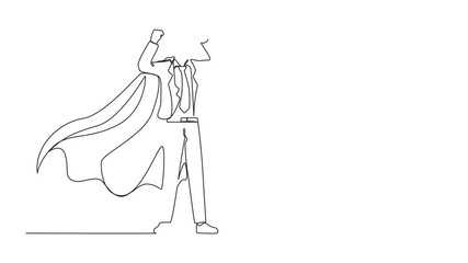 Poster - Animated self drawing of single one line drawing businessman superhero character, office worker man superhero. Businessman in cloak or cape, standing in superhero pose. Full length animation