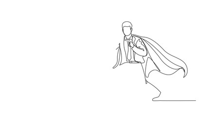 Poster - Animation of single continuous line drawing superhero speaking in megaphone. Superhero in cape, happy businessman holding megaphone, successful team leader. Full length motion