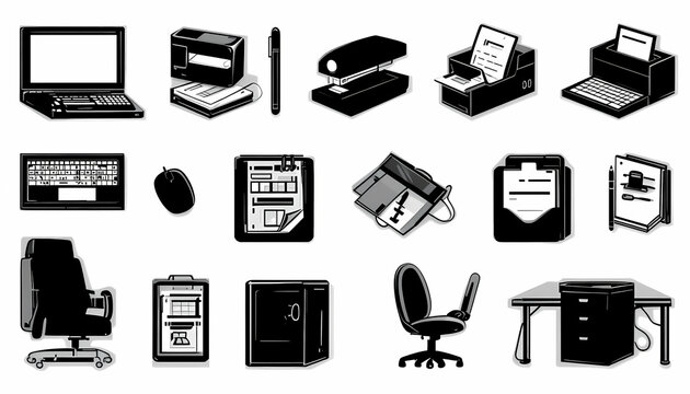 et of 2D black and white office equipment icons in outline style. Includes laptop, printer, paper clip, notepad, and other essential office tools. Arranged on a white background in a clean grid layout