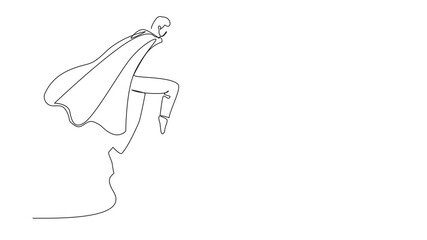 Poster - Animated self drawing of single one line drawing superhero businessman parry blow. Man in superman costume and mantle standing after fight. Victory, winner concept. Full length animation