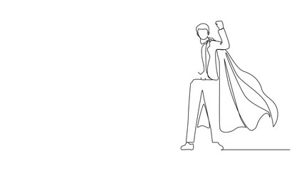 Poster - Self drawing animation of single continuous line drawing superhero strong showing muscle. Superhero officer in action. Businessman character superhero. Office employees. Full length animated