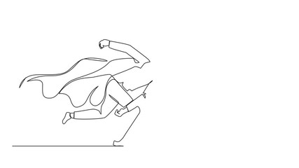 Poster - Animation of single continuous line drawing superhero businessman punching breaking through problem. Elimination obstacles. Motivation to win, reliable leadership. Full length motion
