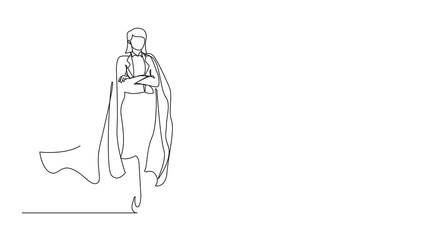 Poster - Animated self drawing of continuous one line drawing determined young businesswoman or office worker super hero in cloak. The concept of leadership and strength in business. Full length animation