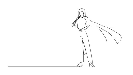 Poster - Self drawing animation of single continuous line drawing businesswoman revealing her true identity of powerful superhero. Superhero tearing shirt and wearing costume. Full length animated