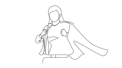 Poster - Animated self drawing of single continuous line drawing beautiful young female in business blazer wearing shirt. Successful businesswoman. Hero, ripping off her shirt. Full length animation