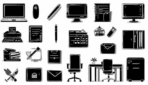 et of 2D black and white office equipment icons in outline style. Includes laptop, printer, paper clip, notepad, and other essential office tools. Arranged on a white background in a clean grid layout