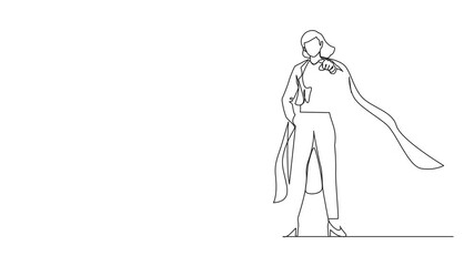 Poster - Animated self drawing of single one line drawing leadership businesswoman in superhero cloak. Leader or boss pointing direction goals and aims defining strategy development. Full length animation